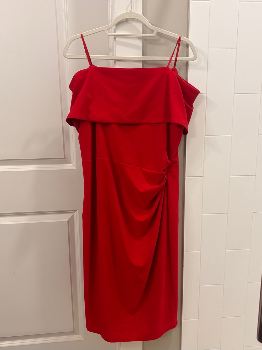 MARINA Red Off-Shoulder Midi Dress with Side Drape